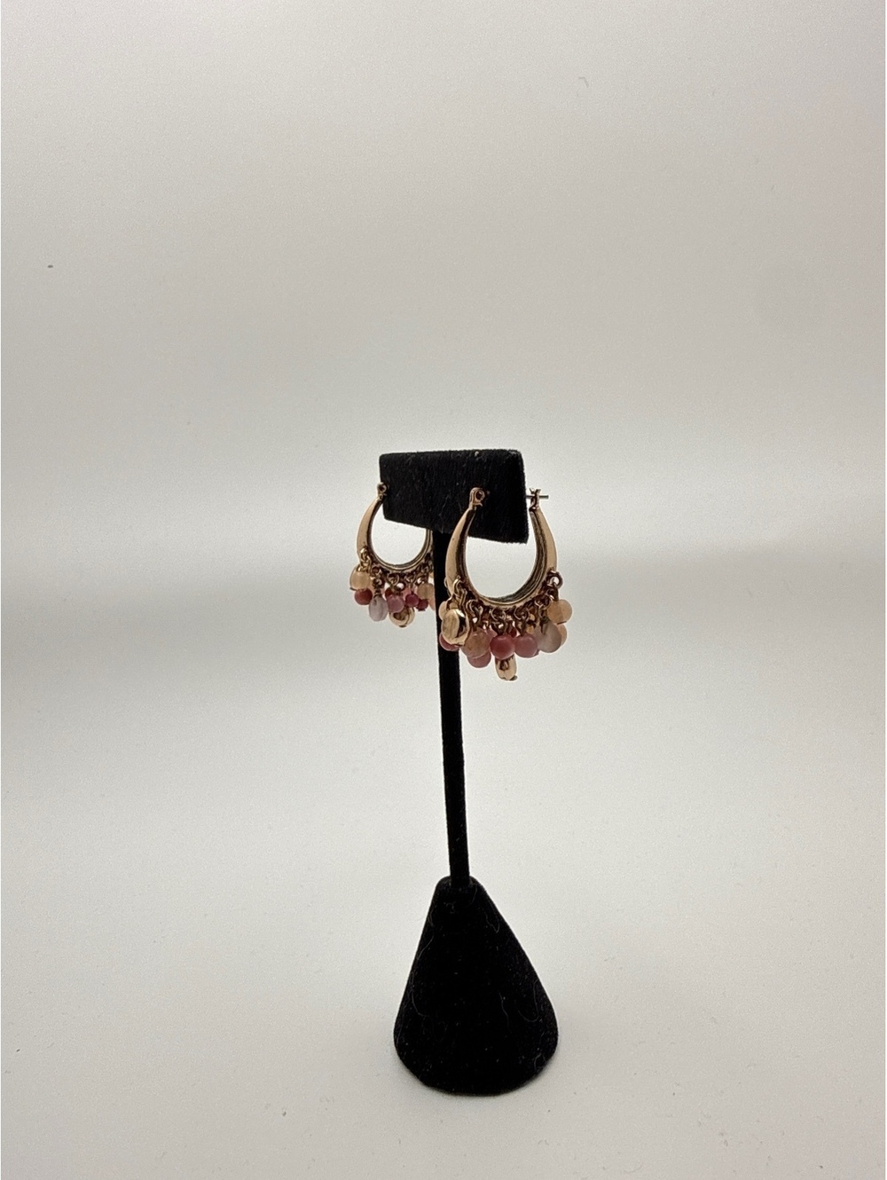 Pink Cluster Hoop Earrings Gold Tone Glass Bead Dangle Romantic Boho - Picture 2 of 3